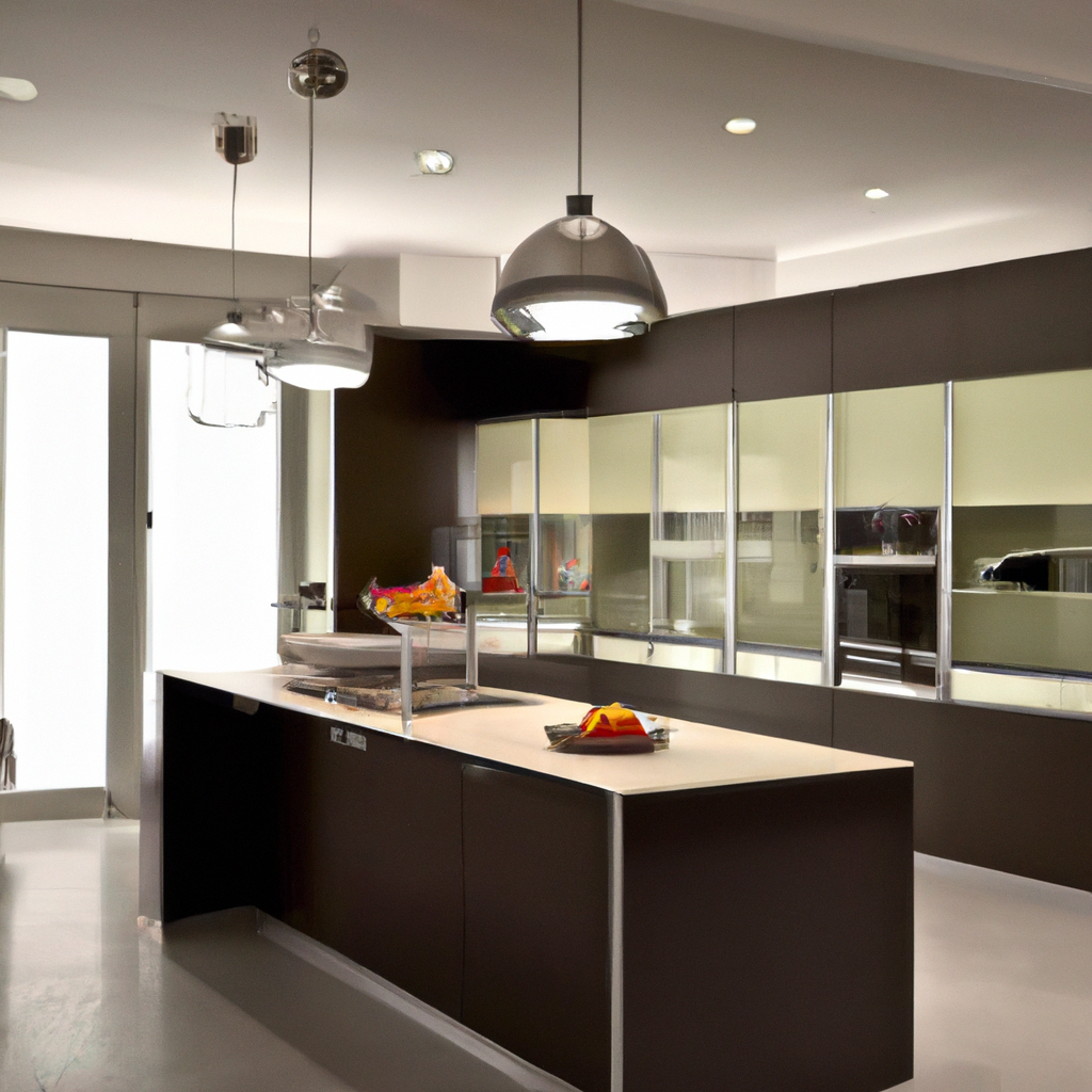 Cuisine moderne minimaliste avec un îlot central, mobilier noir et métal, ambiance épurée et lumineuse.