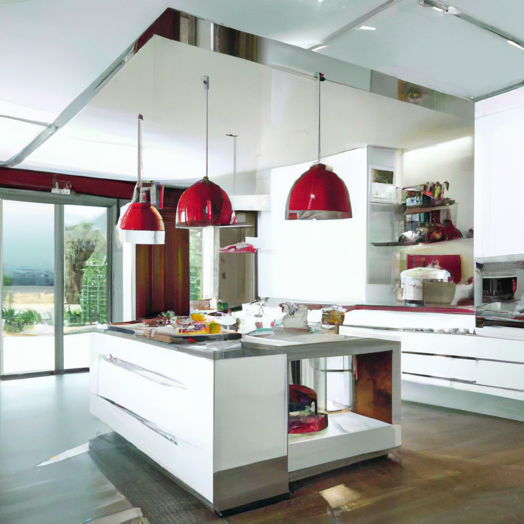 Cuisine moderne aux lignes épurées, îlot central blanc, suspensions rouges, ambiance lumineuse et contemporaine.