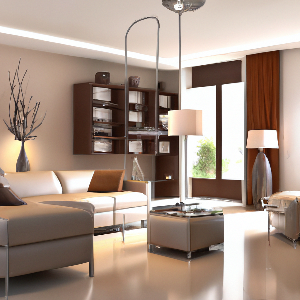 Salle de séjour moderne, canapé beige, meuble en bois sombre, lumière naturelle, ambiance lumineuse et épurée.