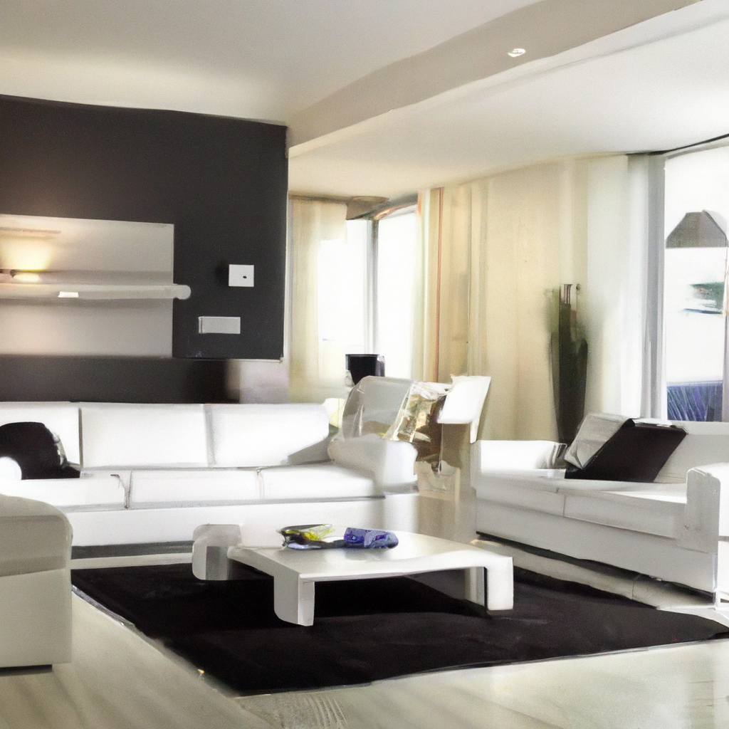 Salon moderne aux murs gris et blancs, canapés blanc, table basse noire, ambiance lumineuse et épurée.