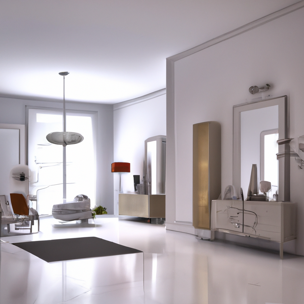 Intérieur moderne et épuré, en blanc et doré, avec fauteuil, meuble contemporain et lumière naturelle. Ambiance chic et mi...