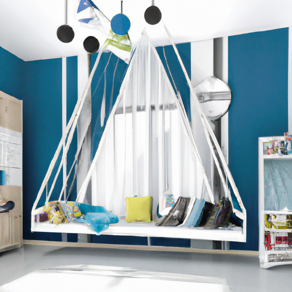 Suspension suspendue moderne avec coussins colorés, murs bleu vif et ambiance ludique, idéal pour un intérieur contemporain.