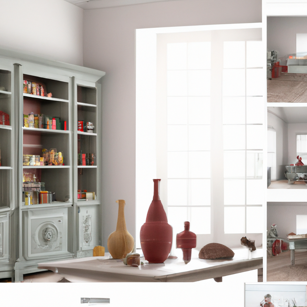 Intérieur moderne aux teintes neutres, meuble ancien gris, décor épuré avec vases colorés sur une table.