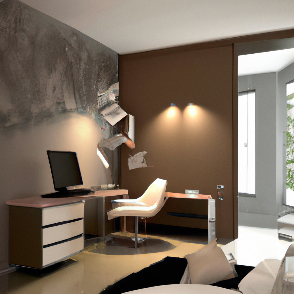 Bureau moderne aux tons bruns, avec chaise élégante et meuble minimalist, ambiance contemporaine et lumineuse.