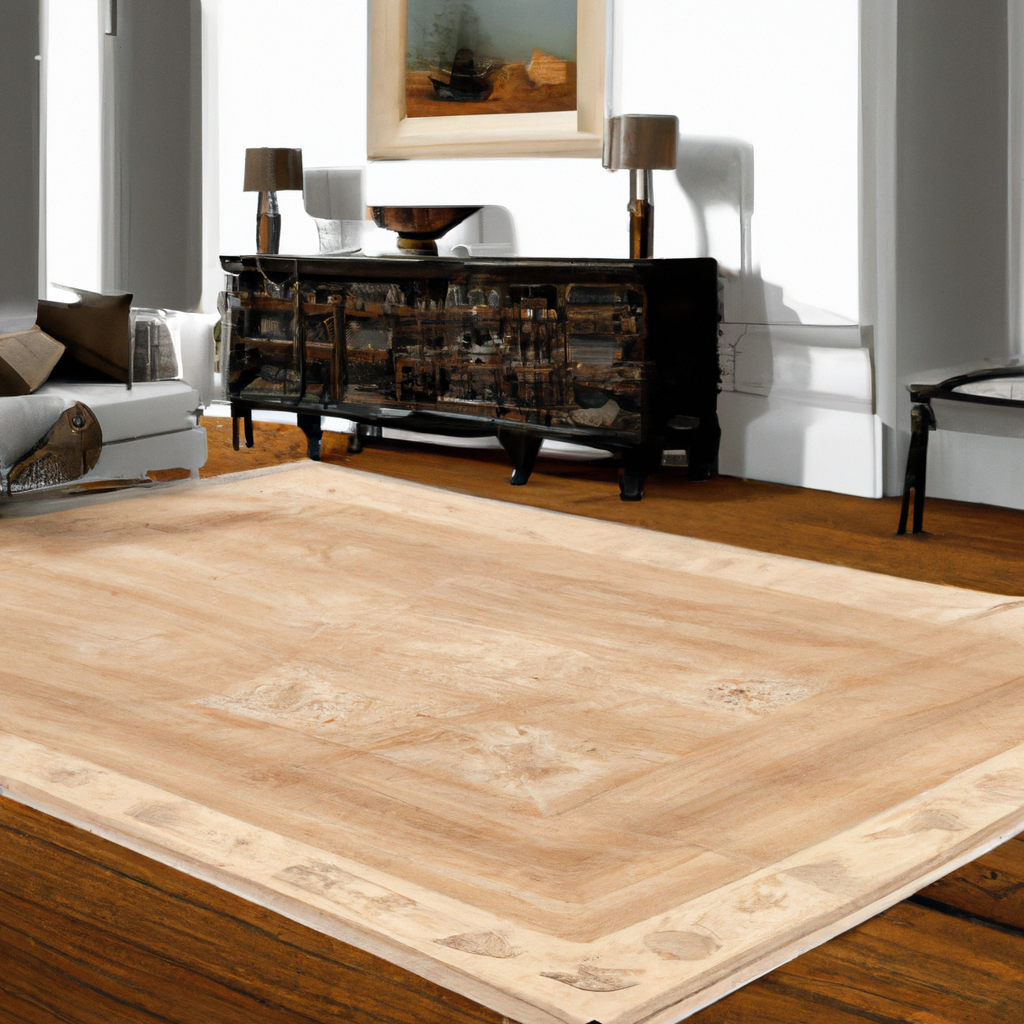 Salon moderne aux teintes neutres, parquet en bois, canapé blanc, meuble en bois noir et tapis beige, ambiance élégante et...