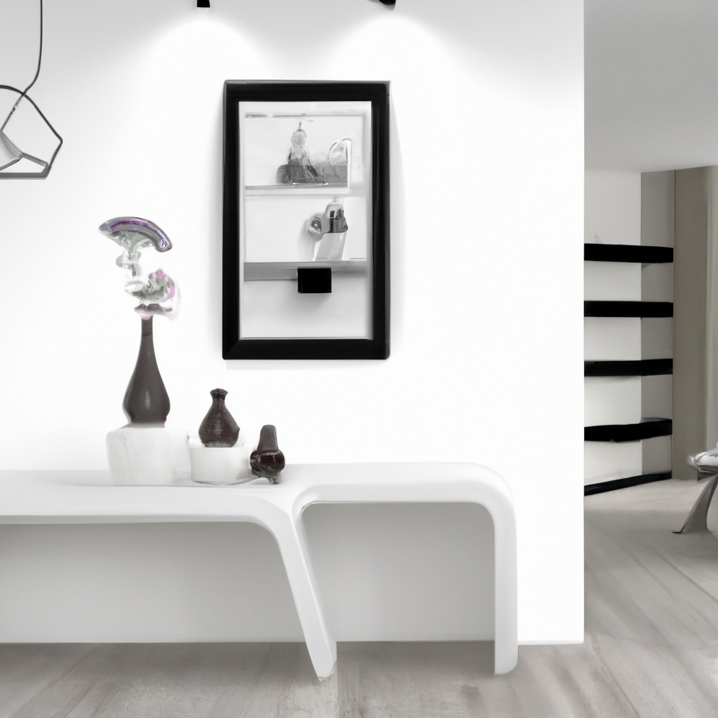 Décoration intérieure minimaliste avec meuble blanc, vase art déco, étagères noires et ambiance moderne épurée.