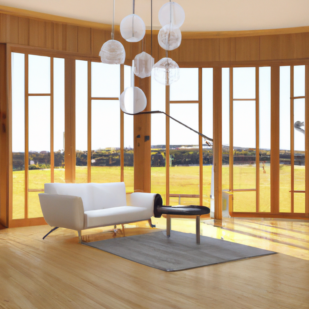 Salon moderne lumineux avec canapé blanc, luminaire suspendu et vue panoramique sur un paysage verdoyant.