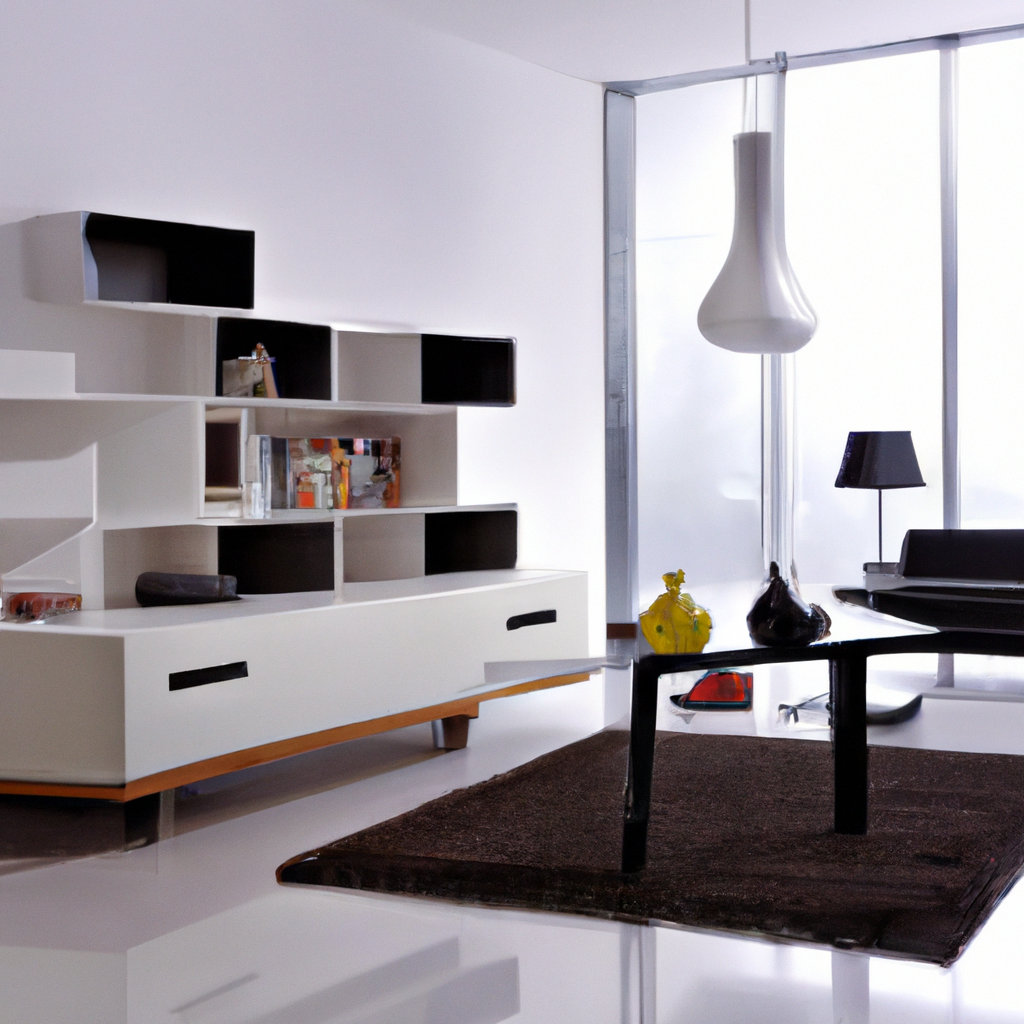 Intérieur moderne épuré avec meuble en bois blanc, table noire, lampes design et tapis sombre pour une ambiance minimaliste.
