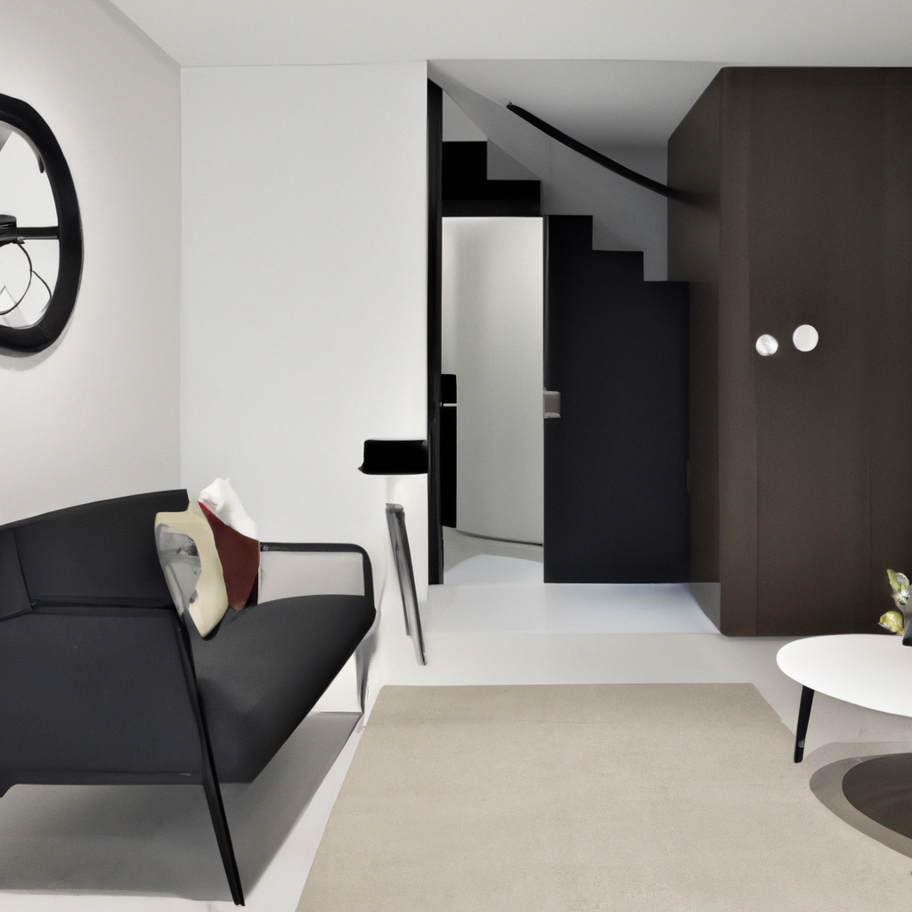 Intérieur moderne avec canapé noir, table ronde blanche et escaliers minimalistes, ambiance épurée et contemporaine.