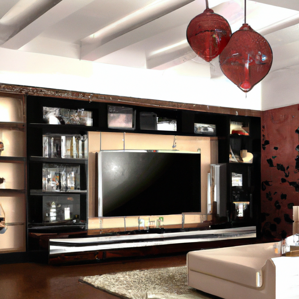 Salon moderne avec mur noir, meuble TV en bois laqué, canapés blancs, accents rouges et lampes suspendues design.