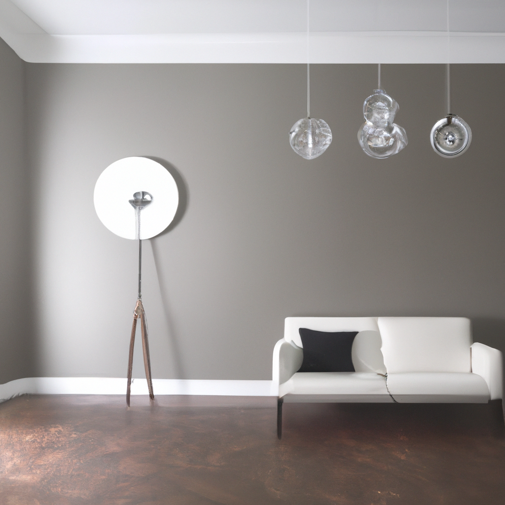 Intérieur minimaliste avec mur taupe, canapé blanc, lampes suspendues design et sol en bois sombre.