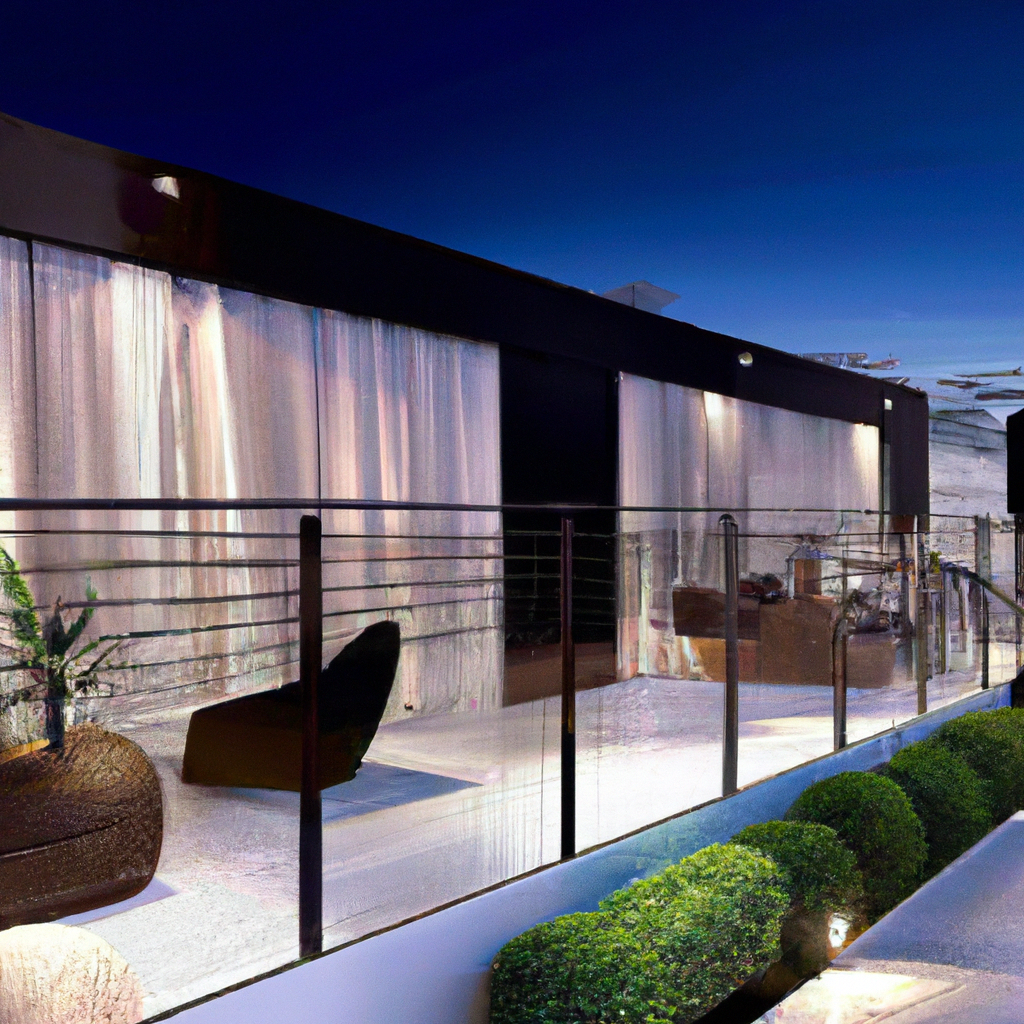 Terrasse moderne avec balustrade en verre, mobilier design noir et plantes, ambiance élégante en soirée.