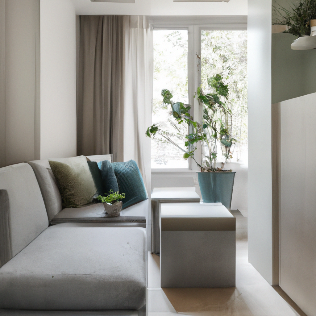 Salon moderne aux teintes neutres, canapé gris, coussins colorés, plantes vertes, ambiance lumineuse et apaisante.