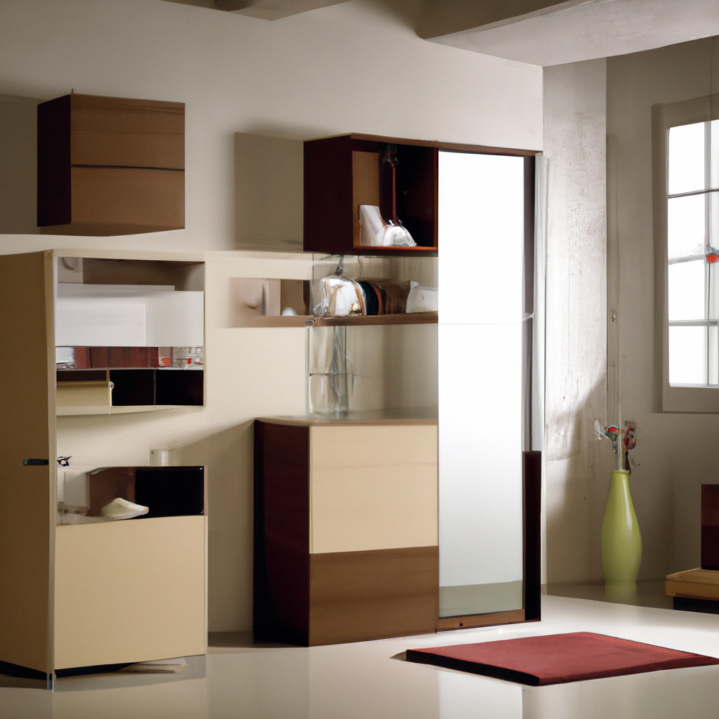 Décor moderne avec meubles en bois marron et crème, vase vert, ambiance lumineuse et épurée.