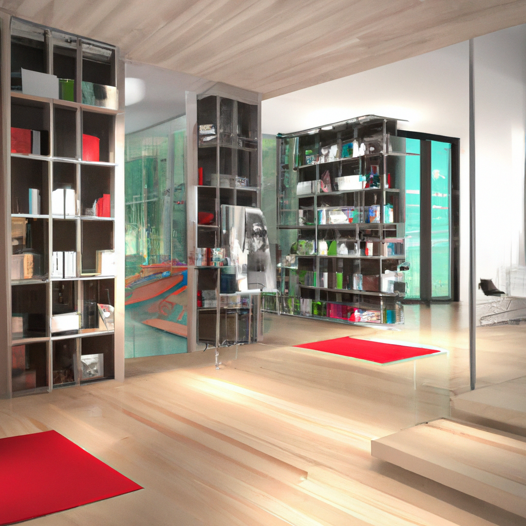 Intérieur moderne avec étagères en verre, tapis rouges, murs en bois, lumière naturelle et ambiance épurée.