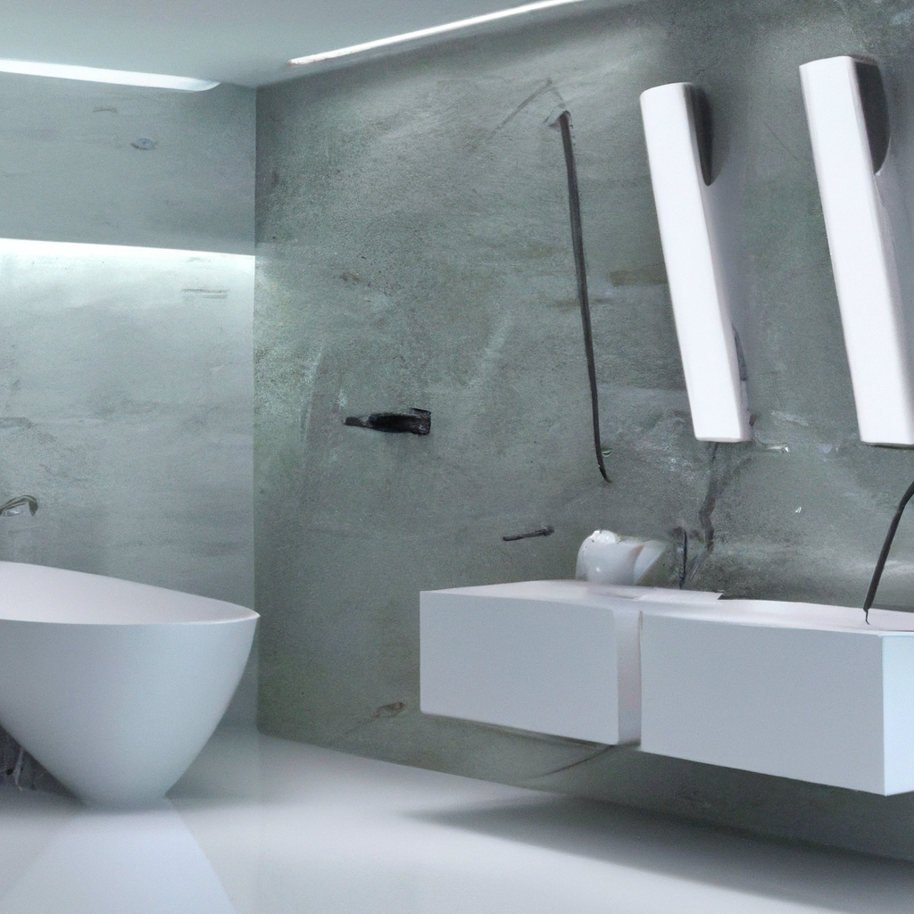 Salle de bain moderne avec baignoire élégante, murs en pierre grise et meubles blancs minimalistes. Ambiance épurée.