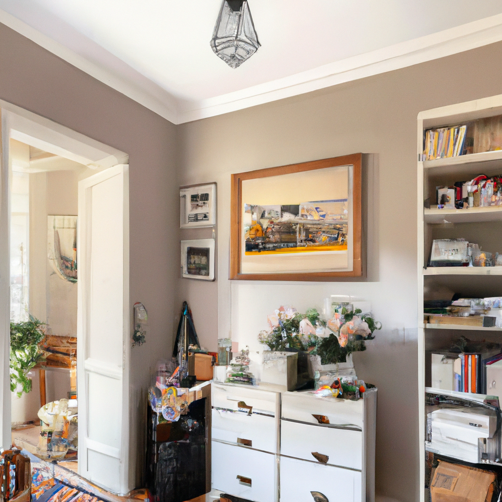 Chambre moderne avec murs beige, commode blanche, œuvres d'art colorées et luminaires élégants, créant une ambiance chaleu...