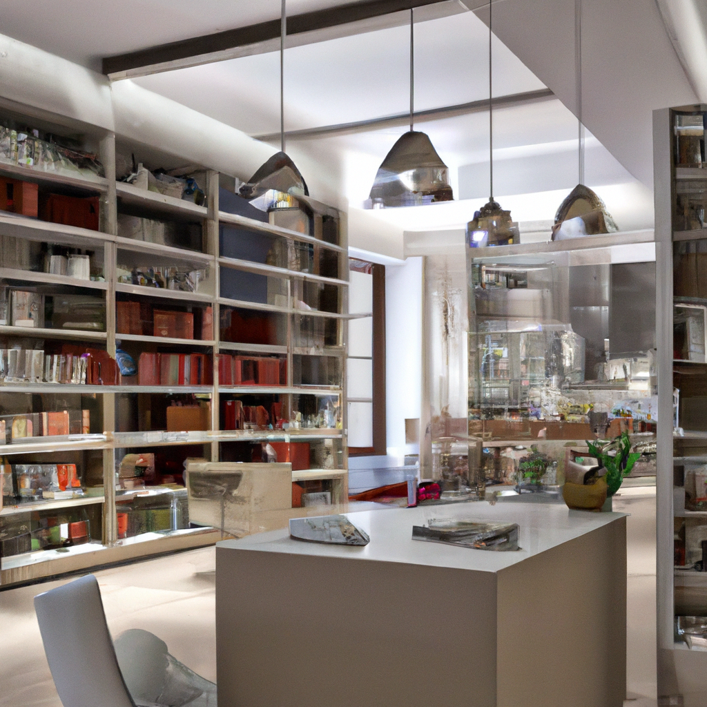 Intérieur moderne avec étagères ouvertes, suspensions métalliques, murs neutres et un bureau minimaliste.