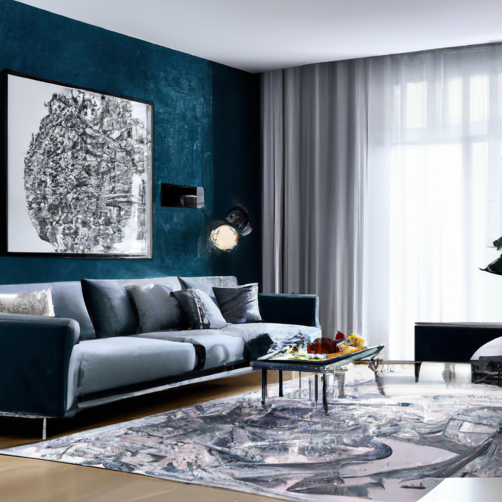 Salon moderne avec canapé bleu, tapis artistique, mur couleur émeraude et lumière naturelle. Ambiance chic et contemporaine.