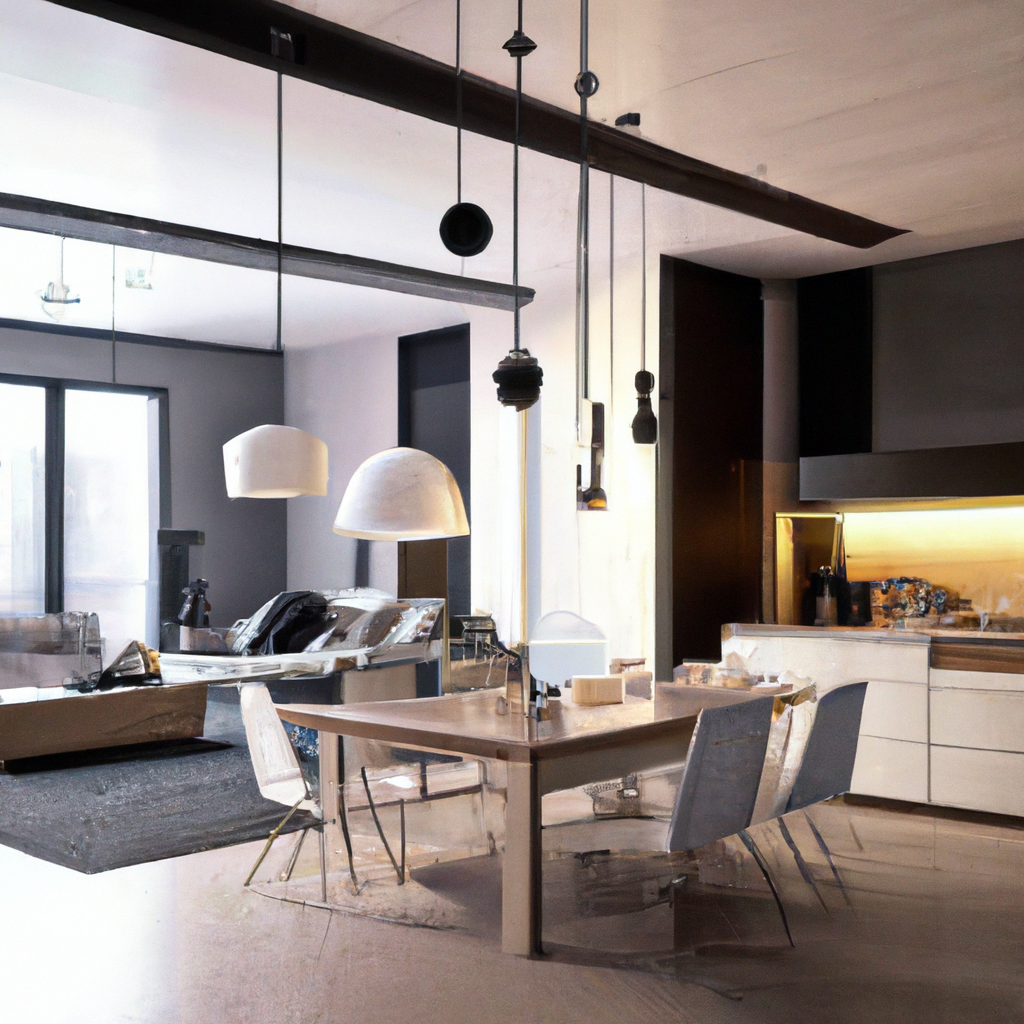Intérieur moderne avec table en bois clair, chaises transparentes et luminaires suspendus, ambiance épurée et lumineuse.