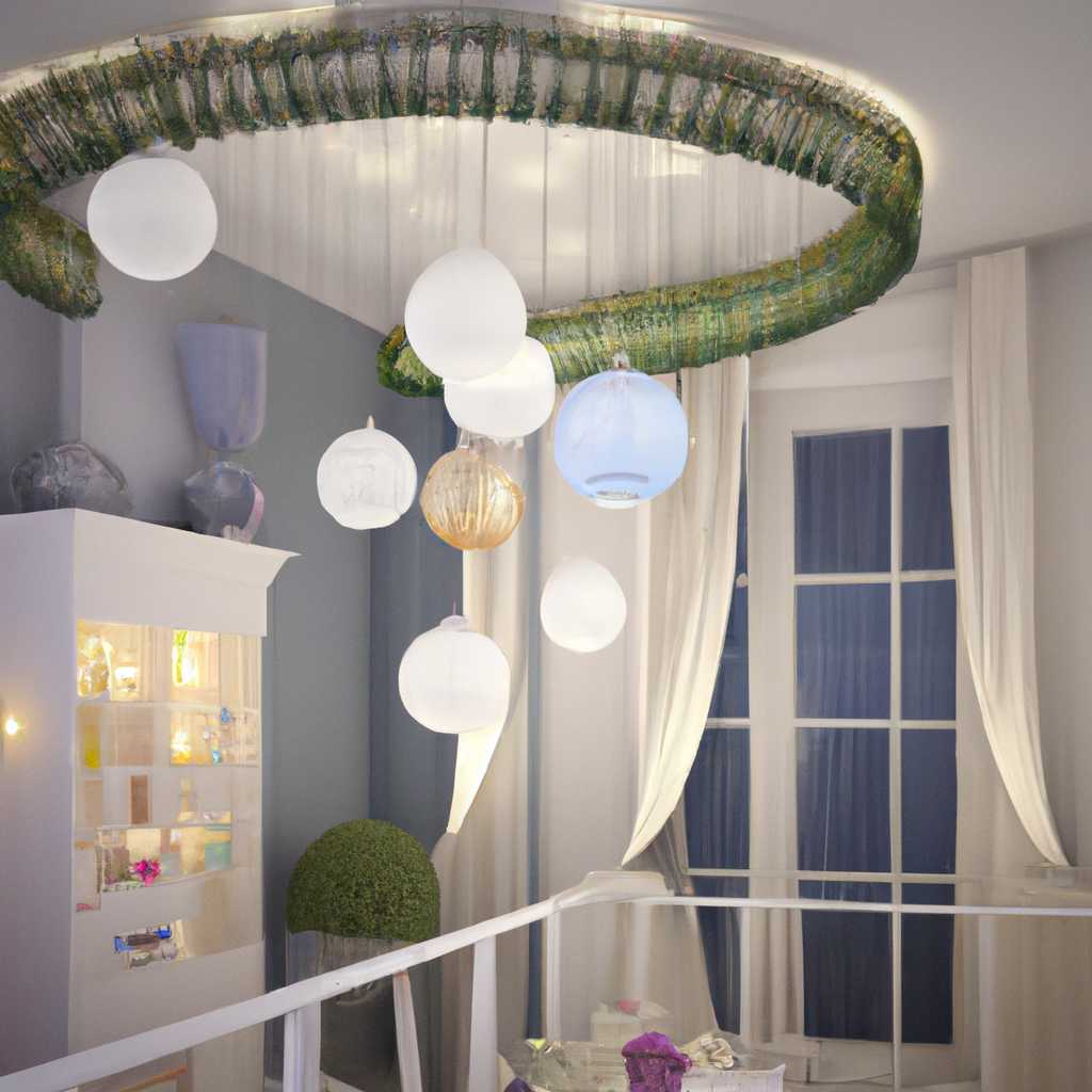 Décoration intérieure moderne avec vaste luminaire original et lampes suspendues, murs bleus et accents élégants.