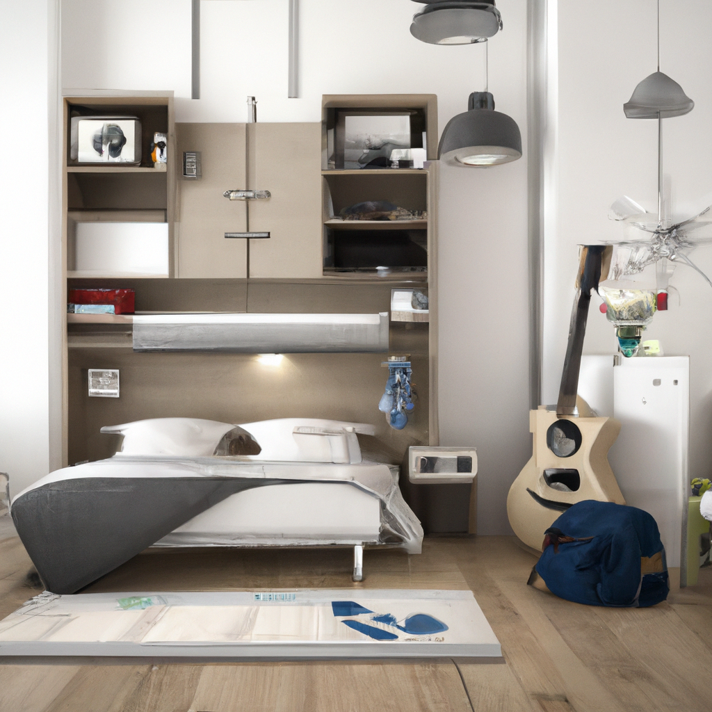 Chambre moderne avec lit minimaliste, meubles en bois beige, touches de gris et décor artistique, ambiance lumineuse et ép...