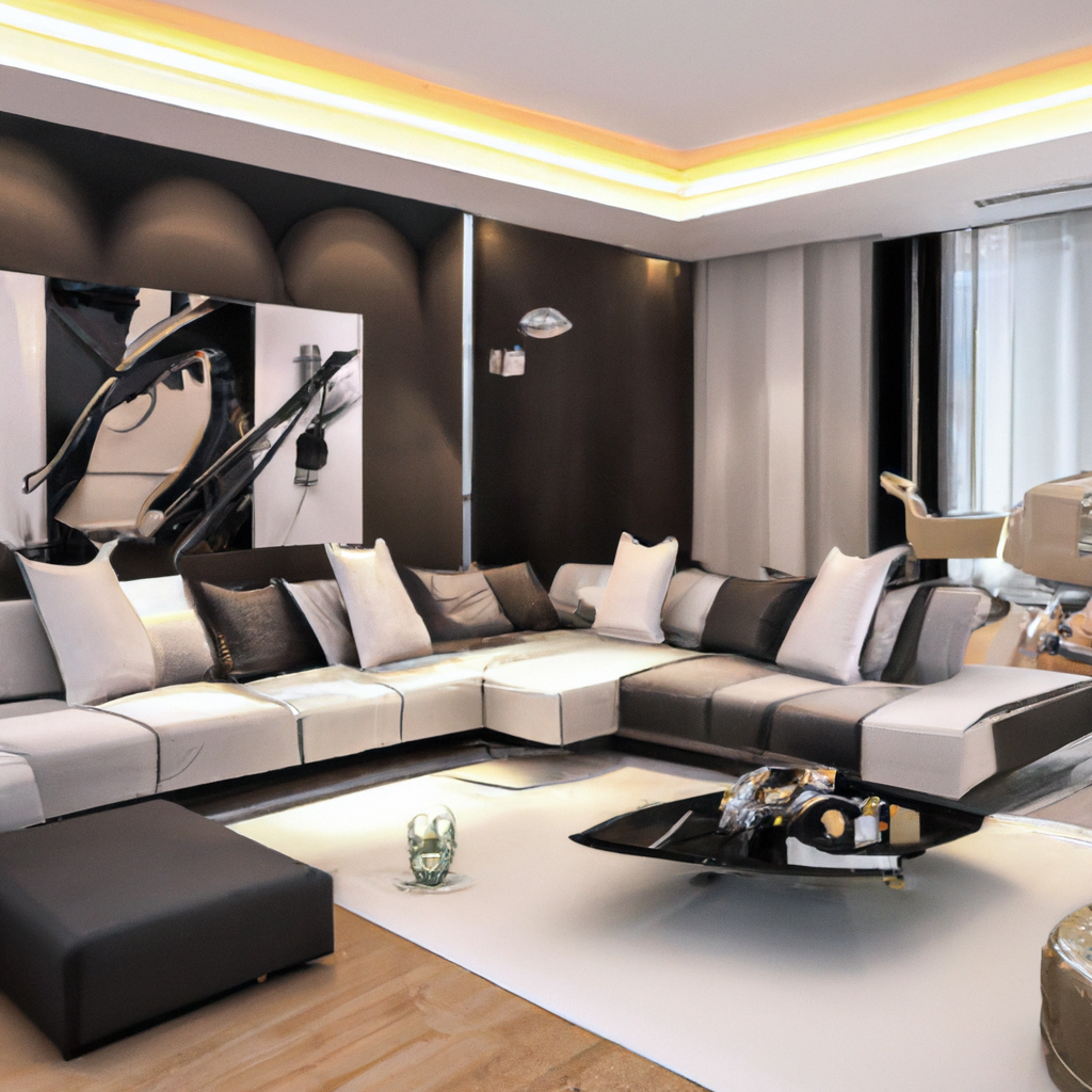 Salon moderne avec canapé gris et noir, décor minimaliste, luminaires contemporains et ambiance élégante.