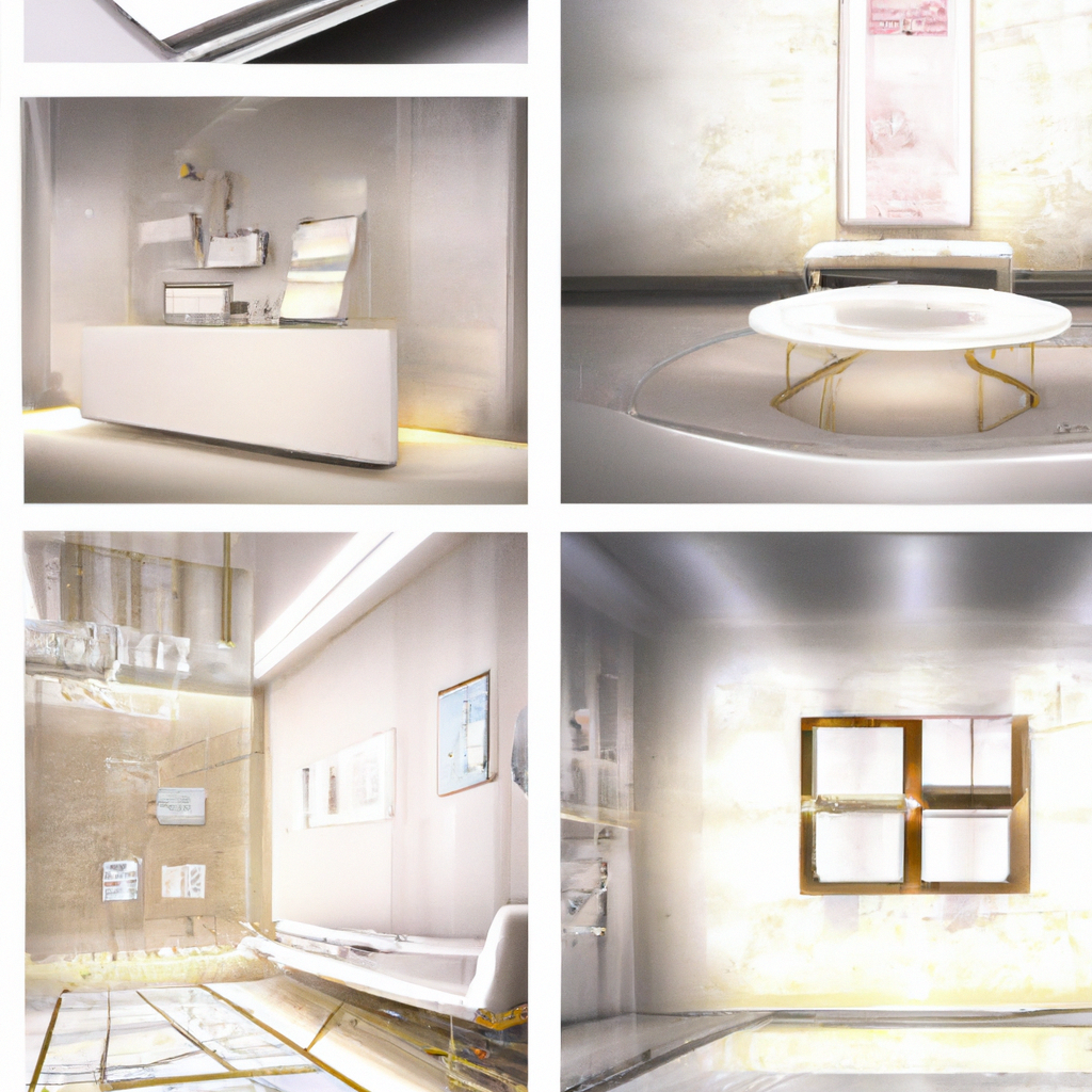 Intérieur moderne avec meubles blancs minimalistes, touches dorées, murs en verre et ambiance lumineuse.