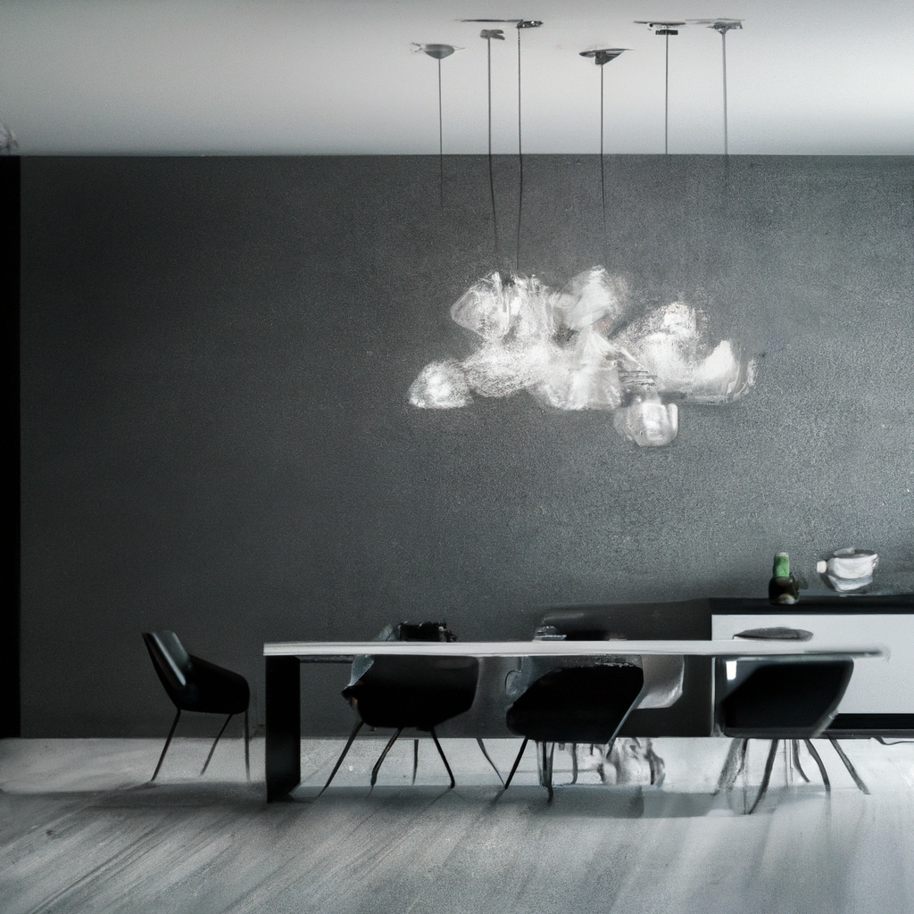 Salle à manger moderne avec mur gris, table en acier, chaises noires élégantes et suspension artistique en verre.