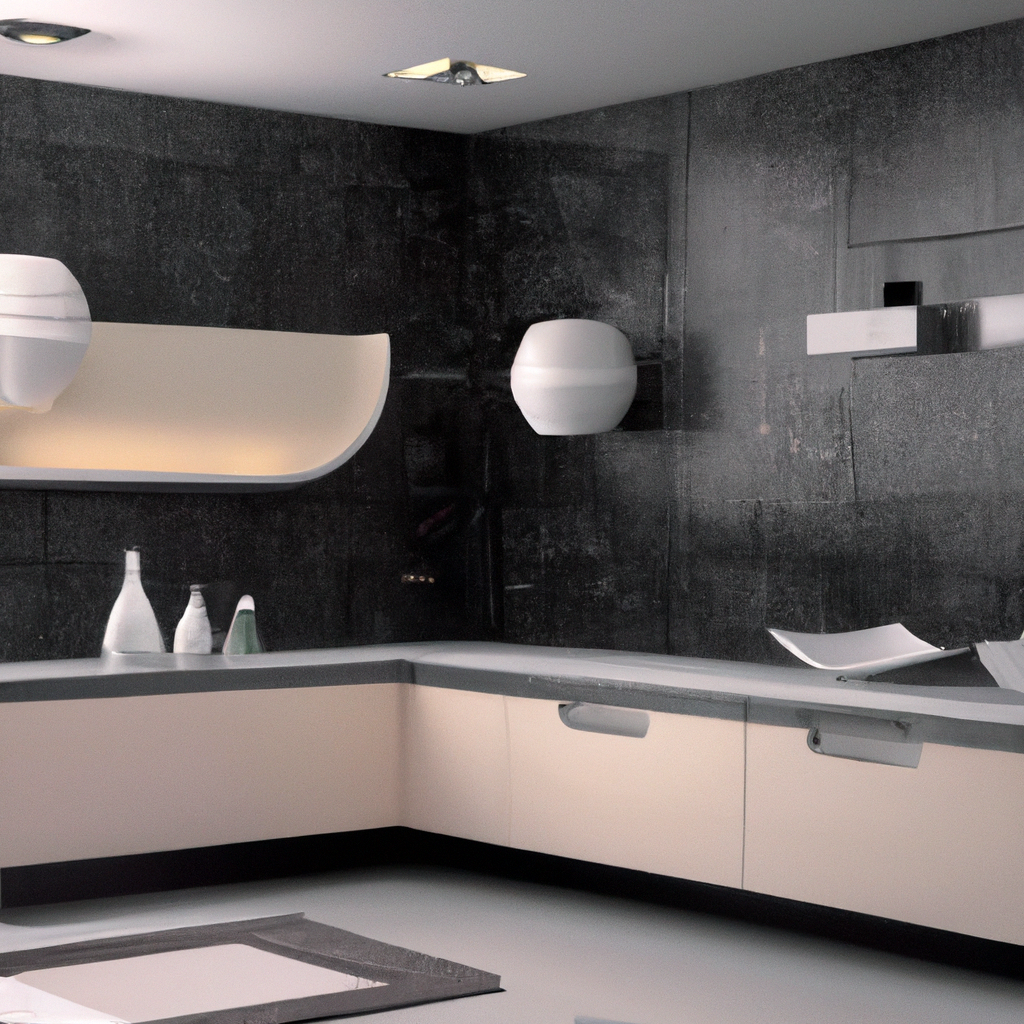 Cuisine moderne avec murs gris foncé, meubles beiges, éclairage minimaliste et accessoires en céramique. Ambiance épurée.