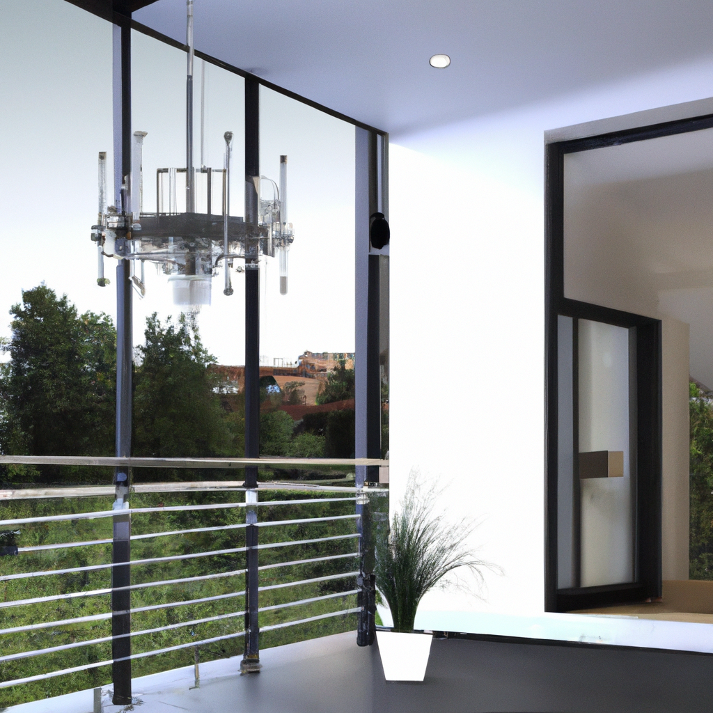 Balcon moderne avec rideaux transparents, chandelier en verre, vue sur jardin, ambiance lumineuse et épurée.