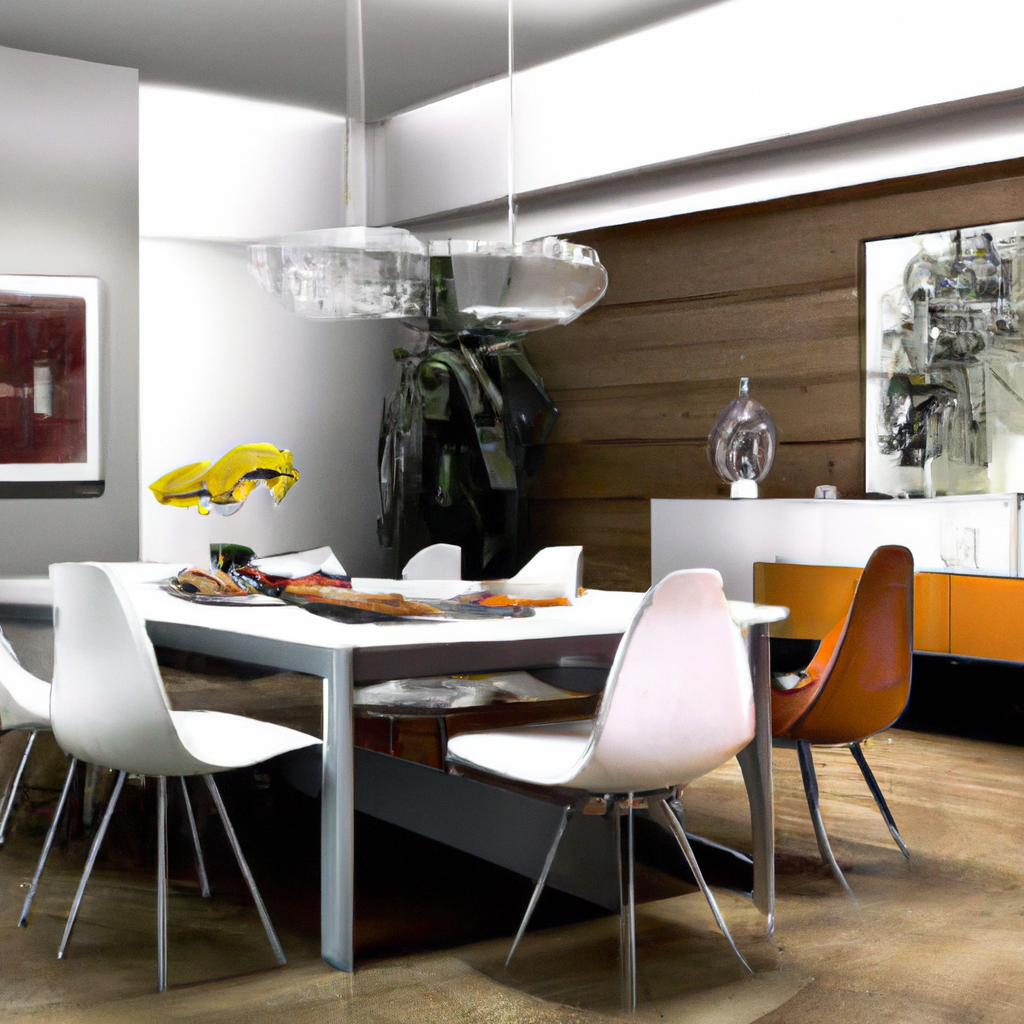 Salle à manger moderne avec table blanche, chaises colorées, éclairage design et mur en bois, style minimaliste et élégant.