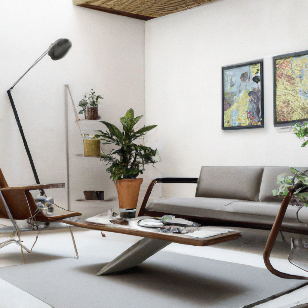 Intérieur moderne avec meuble en bois, canapé gris, plantes vertes et œuvres d'art colorées sur le mur. Ambiance minimaliste.
