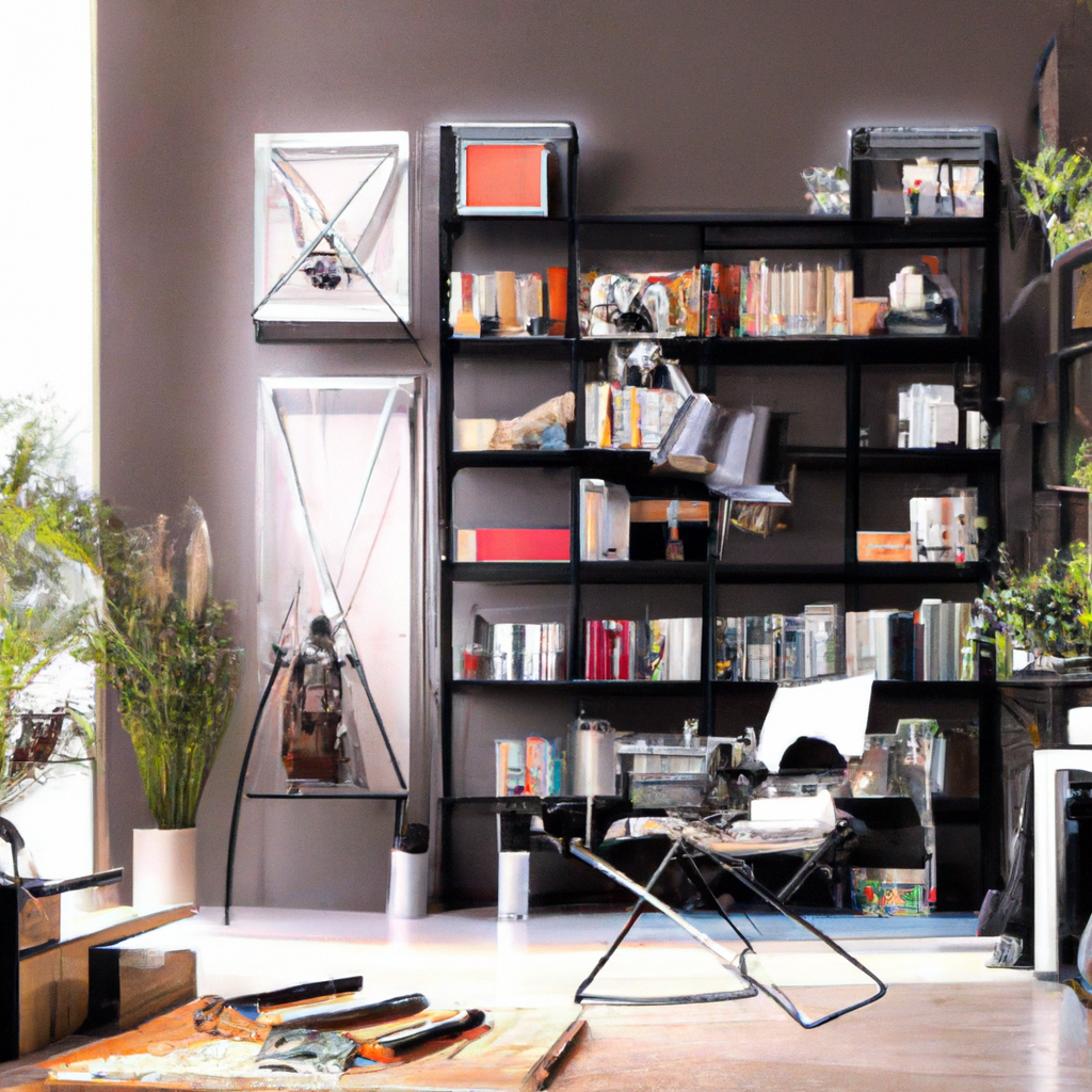 Décor intérieur moderne : étagère noire, fauteuil design, livres, plantes, ambiance chic et minimaliste.