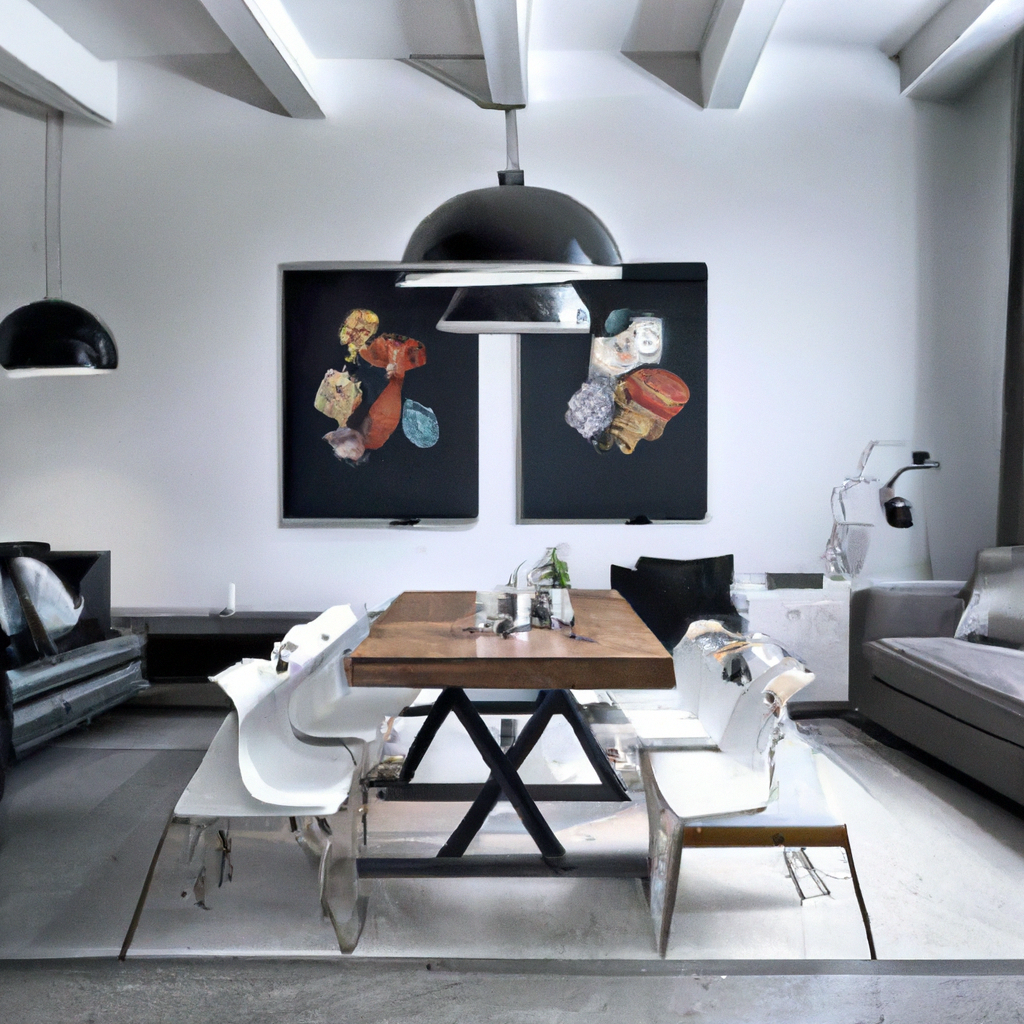 Intérieur moderne avec une table en bois, chaises blanches, lumière suspendue et œuvres d'art colorées sur les murs.
