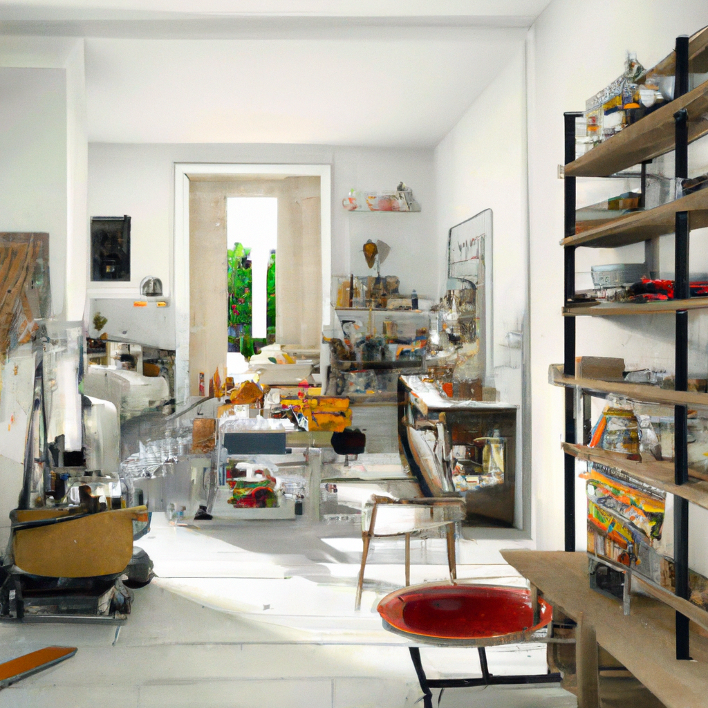 Intérieur lumineux et chaleureux, avec des meubles en bois, étagères chargées d'objets artistiques, ambiance vintage et co...