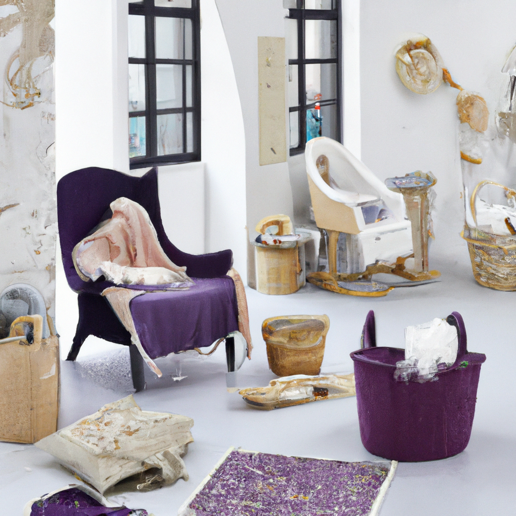Décoration intérieure moderne, fauteuil violet, meubles en blanc et or, ambiance minimaliste et artistique.