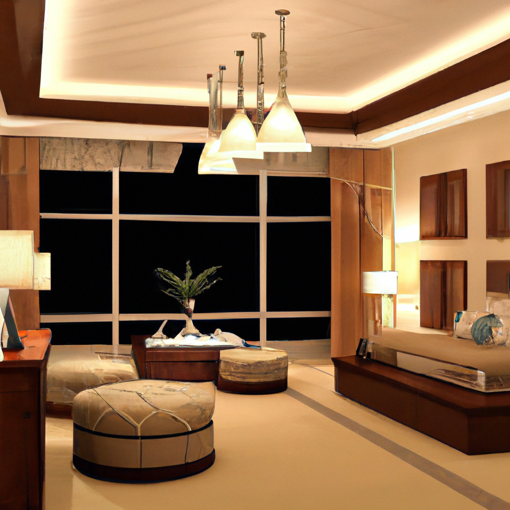 Intérieur moderne avec mur en bois, lampes suspendues, fauteuils ronds et ambiance chaleureuse, fenêtres sur la nuit.