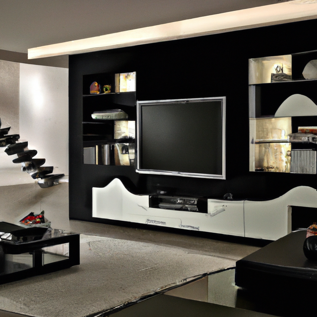Intérieur moderne avec mur noir, meuble TV blanc, étagères élégantes et canapé noir, ambiance contemporaine minimaliste.