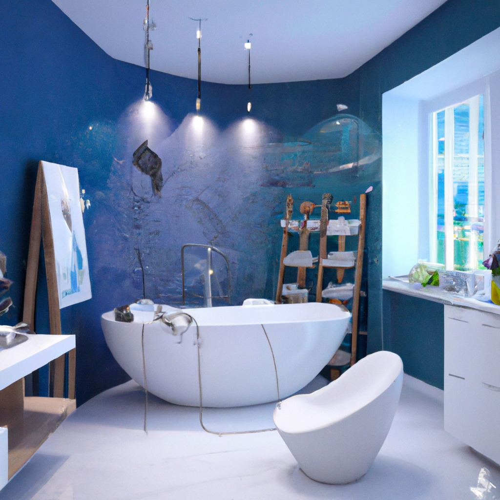 Salle de bain moderne avec baignoire blanche sur fond mural bleu, étagère en bois et ambiance apaisante.