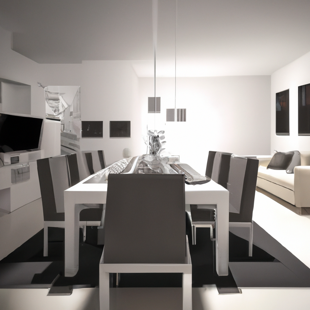 Intérieur moderne minimaliste avec table blanche, chaises grises, lumière douce et murs clairs, ambiance épurée et élégante.