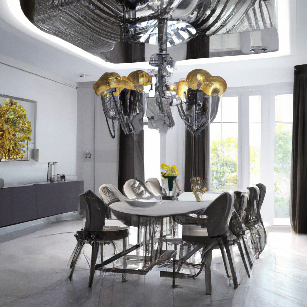 Salle à manger moderne avec table blanche, chaises en verre, lustre doré et mur gris, ambiance chic et lumineuse.