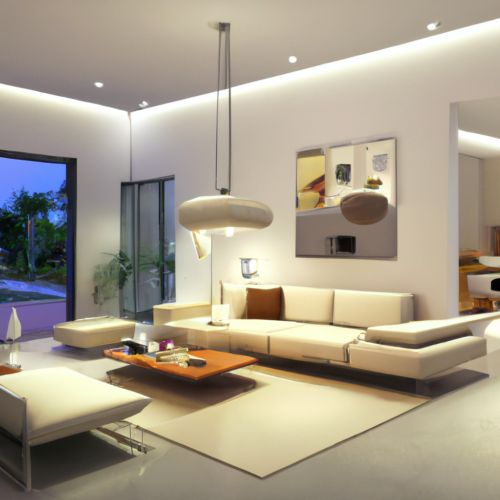 Salon moderne lumineux avec canapé blanc, table en bois, et suspension design, ambiance épurée et contemporaine.