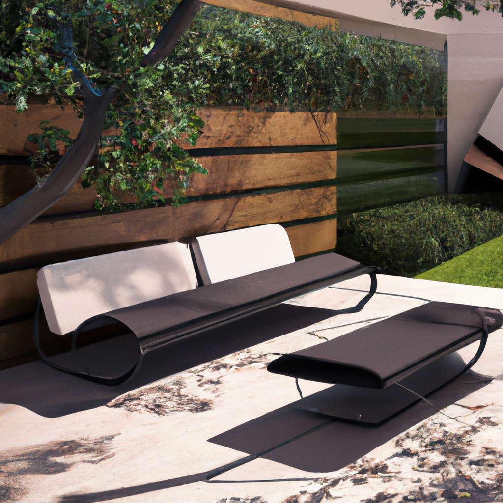 Salon moderne en extérieur : canapé noir élégant et table basse, harmonie de matériaux naturels et design épuré.