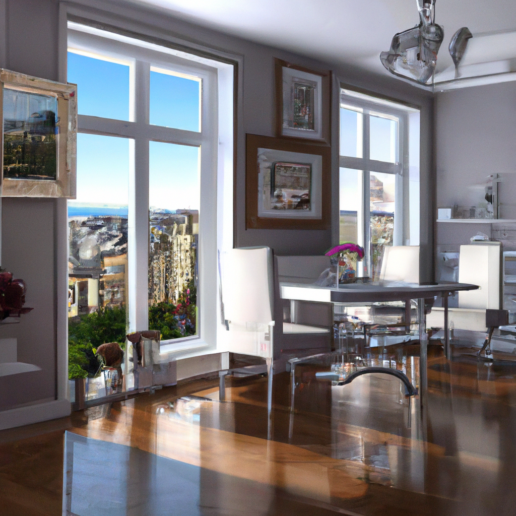 Salle à manger moderne, murs clairs, meubles en verre, vue panoramique, ambiance lumineuse et accueillante.