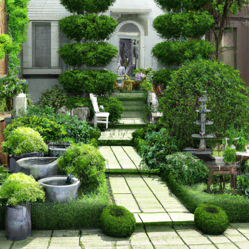 Jardin verdoyant avec allée en pierre, buissons taillés, fontaine et mobilier blanc, ambiance paisible et naturelle.