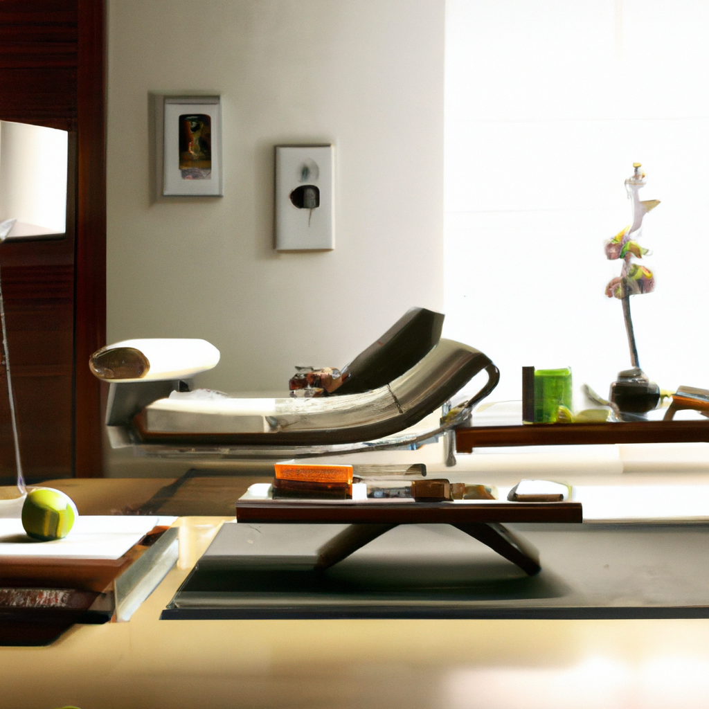 Intérieur moderne avec un fauteuil incurvé, lampes élégantes, touches de vert et bois, ambiance épurée et lumineuse.