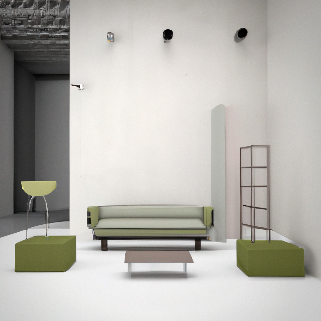 Décoration minimaliste moderne avec canapé vert, table basse beige et étagère grise sur fond blanc épuré.