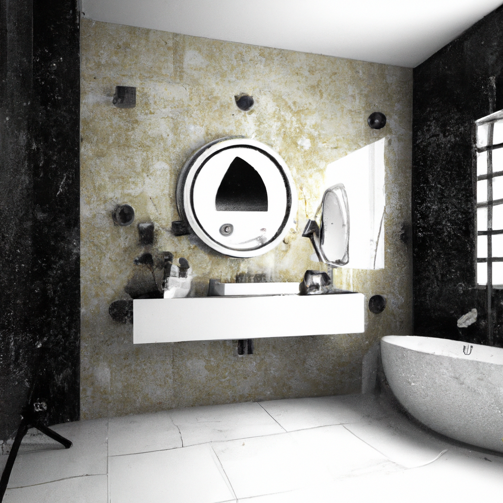 Salle de bain moderne avec mur texturé jaune, meuble blanc élégant, baignoire ovale et miroir rond. Ambiance minimaliste.