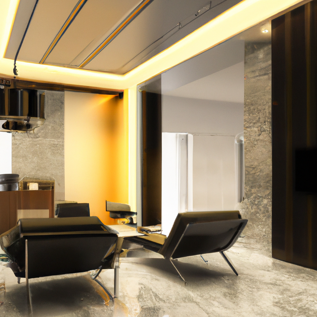Intérieur moderne avec fauteuils noirs, murs en marbre et éclairage chaleureux, créant une ambiance élégante et contempora...